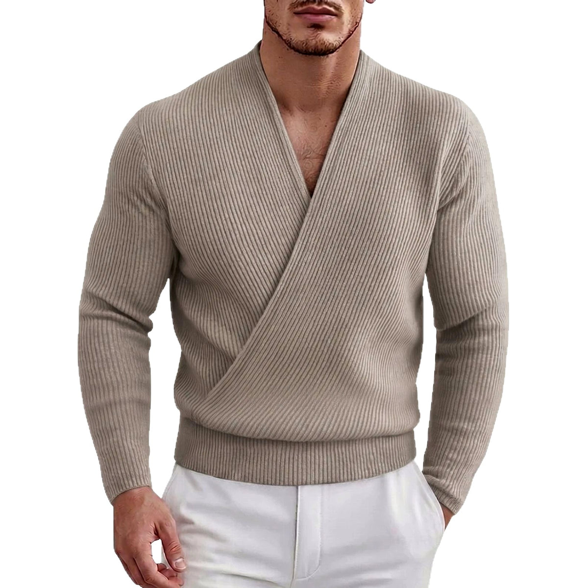 Alexander - Men's Ribbed Deep V-Neck Cross-Front Sweater