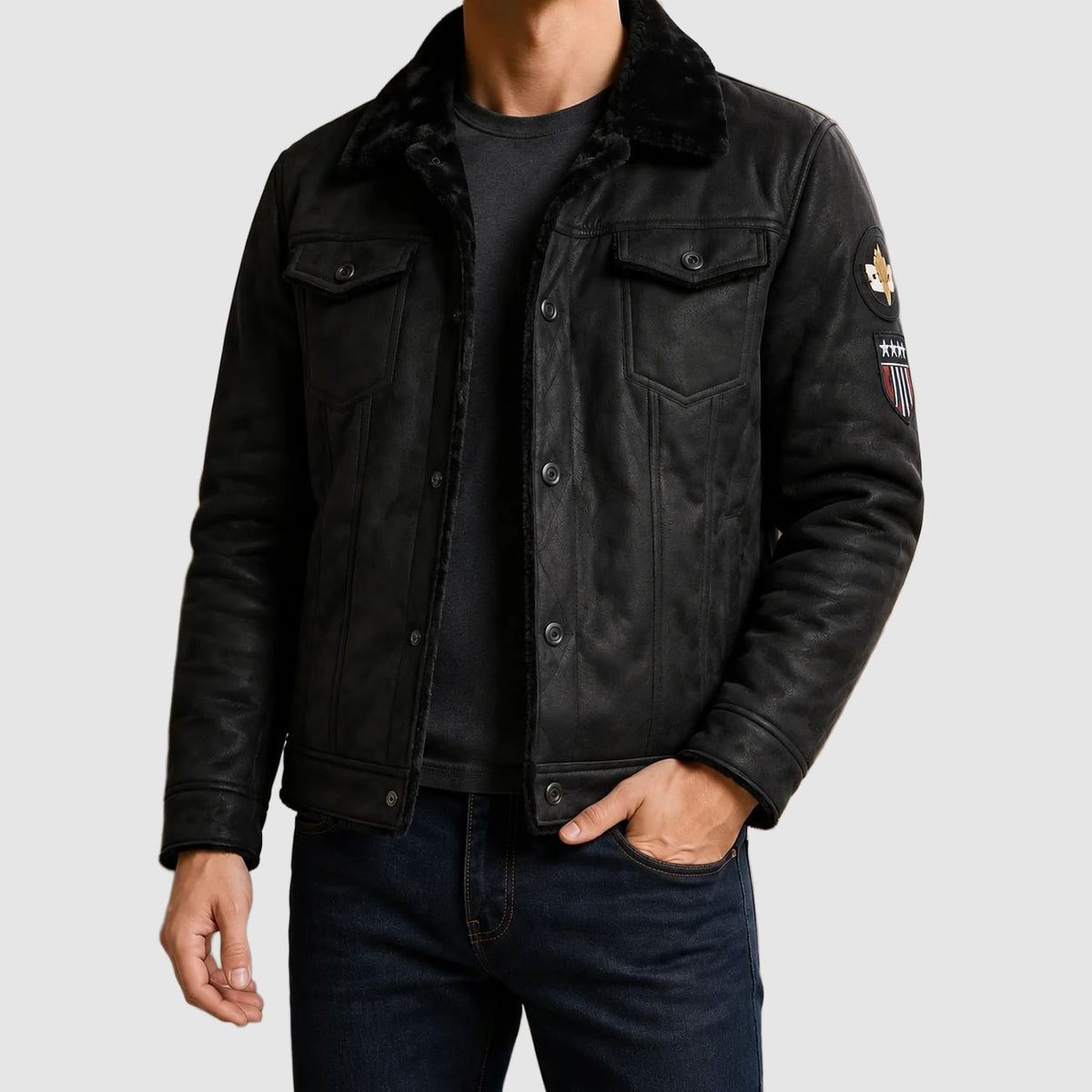 Brennan - Men's Button-Front Leather Jacket with Fleece Lining