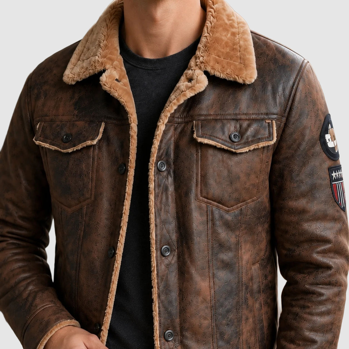 Brennan - Men's Button-Front Leather Jacket with Fleece Lining