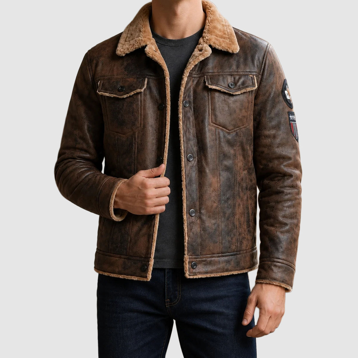 Brennan - Men's Button-Front Leather Jacket with Fleece Lining
