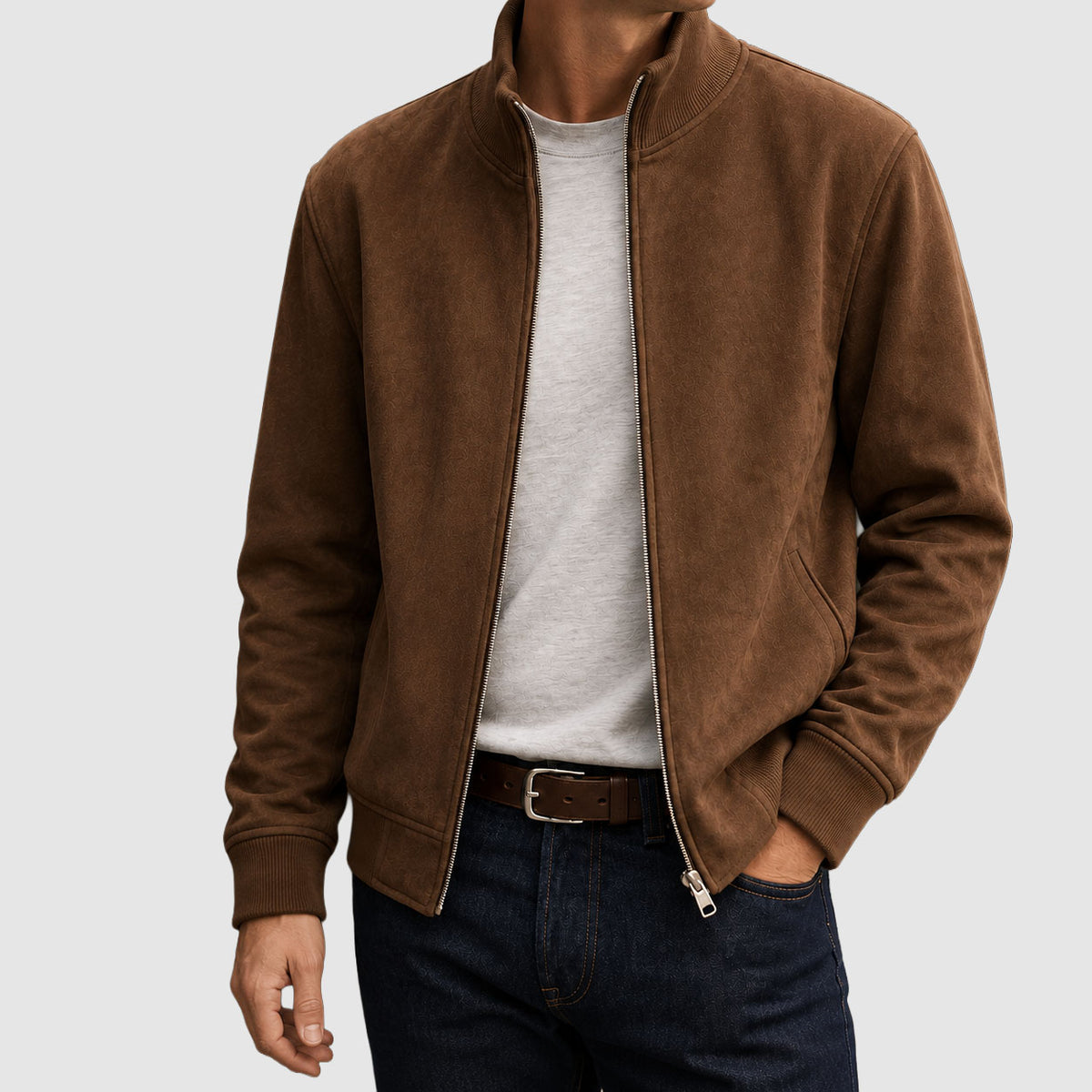 Brooks - Men's Suede Jacket with Ribbed Stand Collar