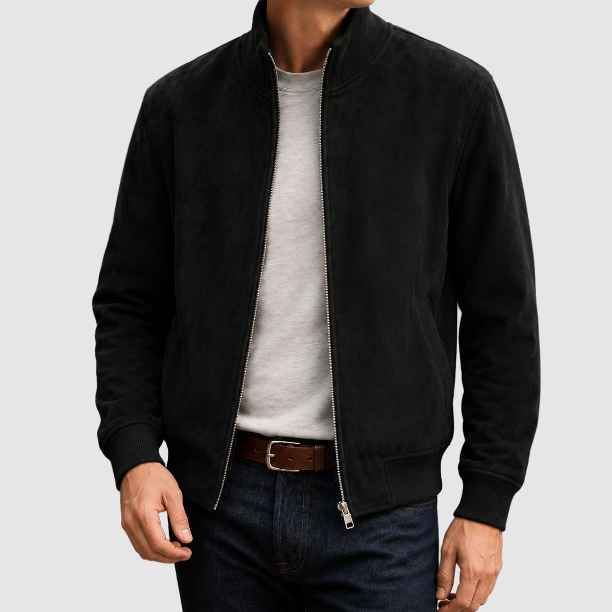 Brooks - Men's Suede Jacket with Ribbed Stand Collar