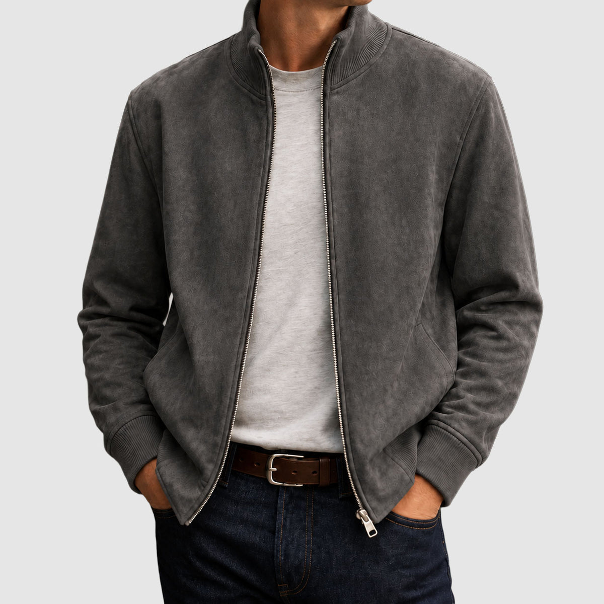 Brooks - Men's Suede Jacket with Ribbed Stand Collar