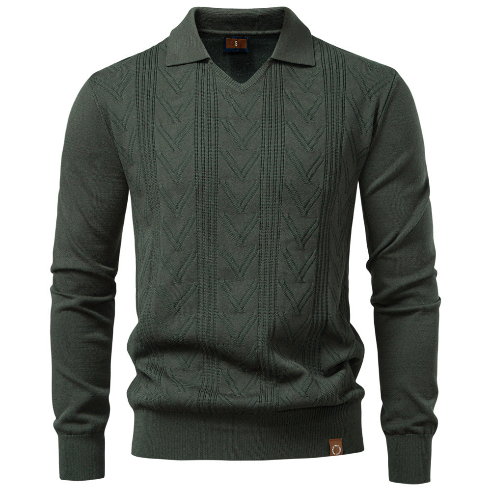 Cory - Men's Textured Knit V-Neck Collared Sweater