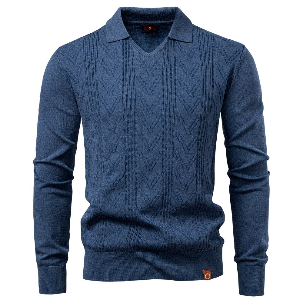 Cory - Men's Textured Knit V-Neck Collared Sweater