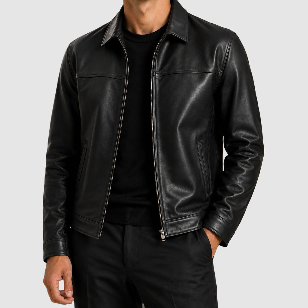 Elliot - Men's Leather Jacket with Notch Collar and Metal Zip