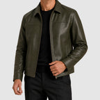 Elliot - Men's Leather Jacket with Notch Collar and Metal Zip