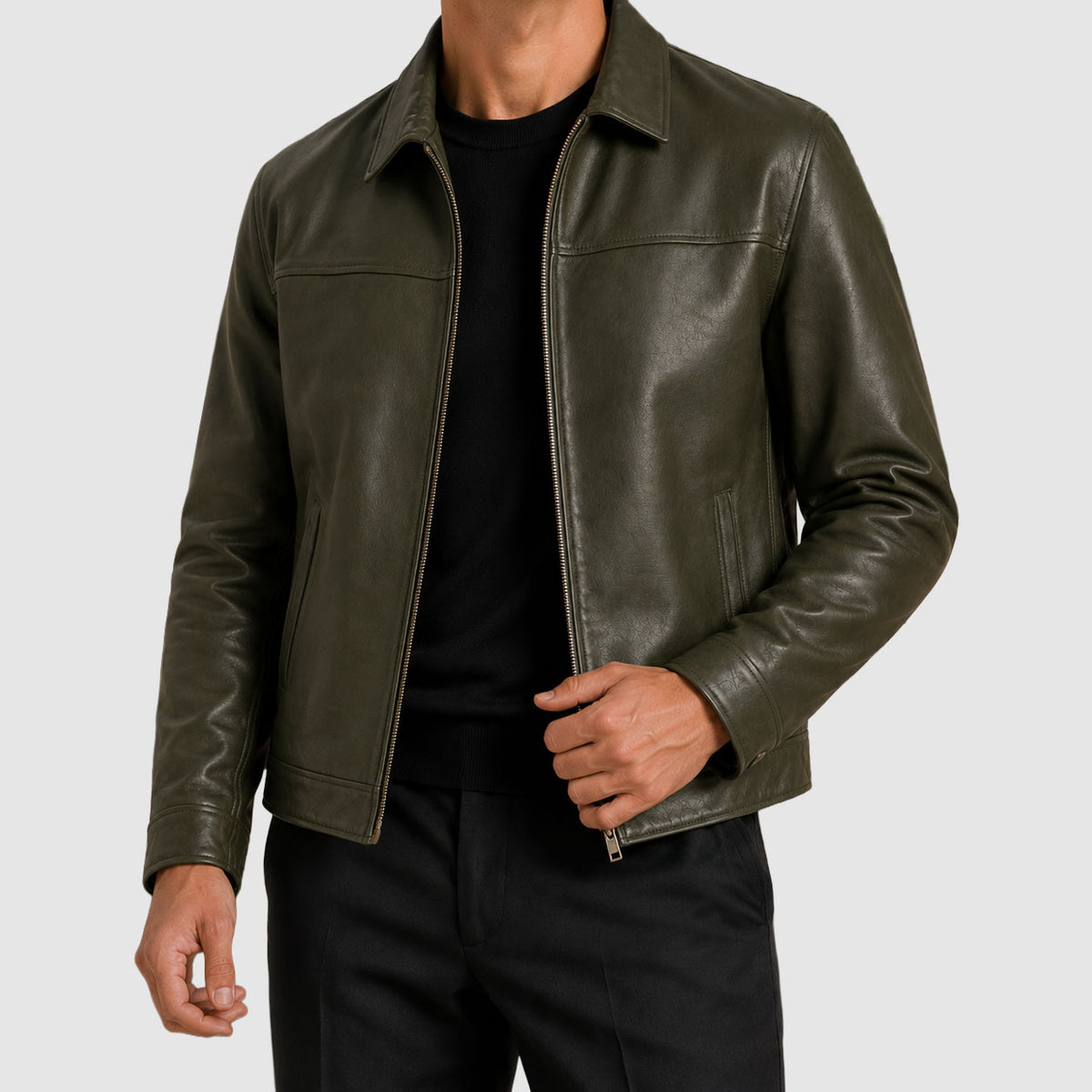 Elliot - Men's Leather Jacket with Notch Collar and Metal Zip