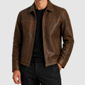 Elliot - Men's Leather Jacket with Notch Collar and Metal Zip