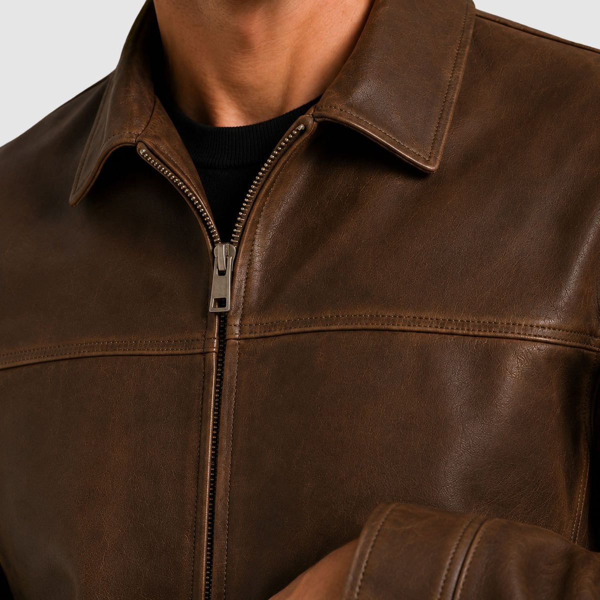 Elliot - Men's Leather Jacket with Notch Collar and Metal Zip