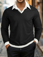 Jasper - Men's Layered-Look V-Neck Sweater with Contrast Collar