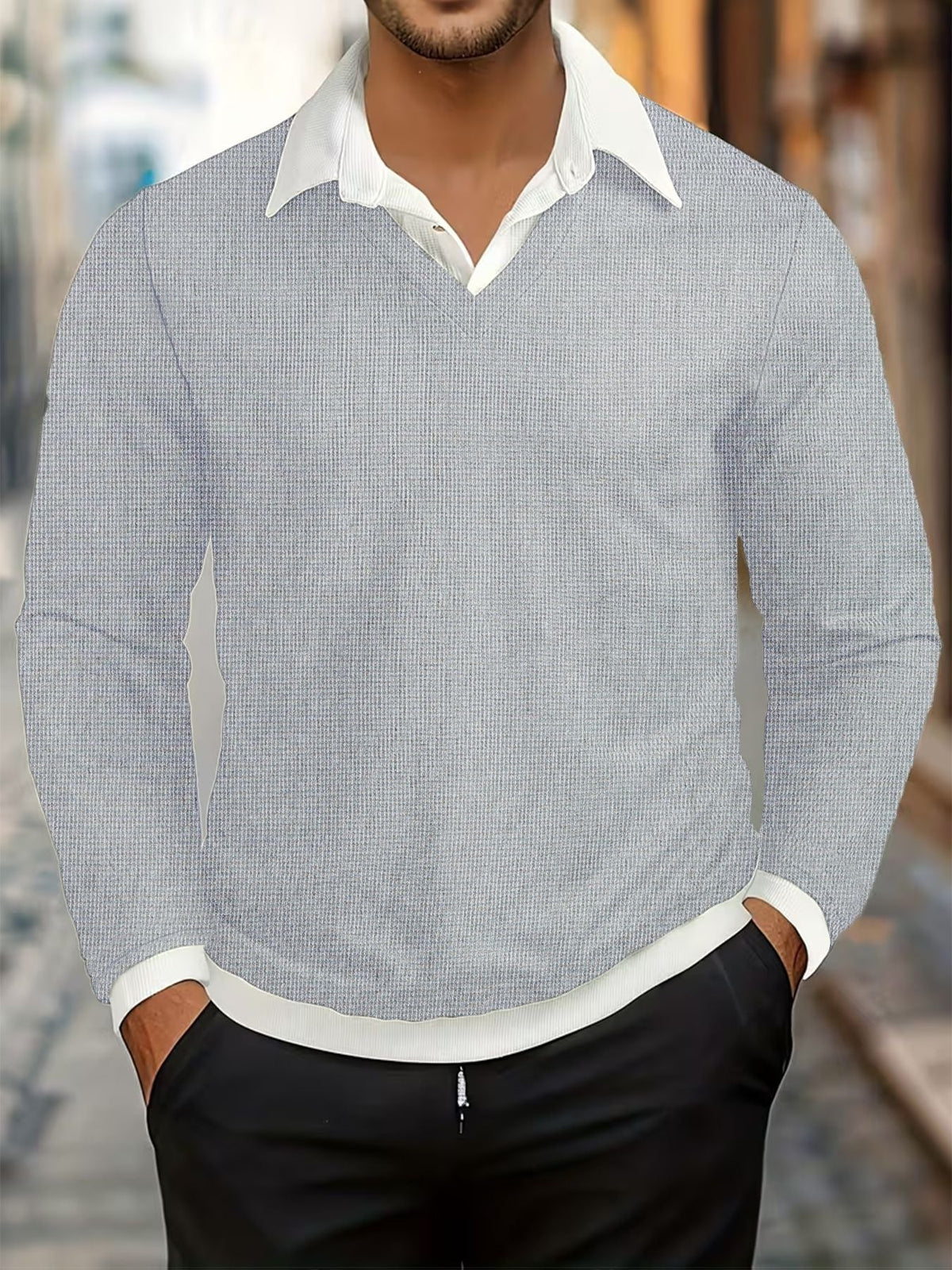 Jasper - Men's Layered-Look V-Neck Sweater with Contrast Collar