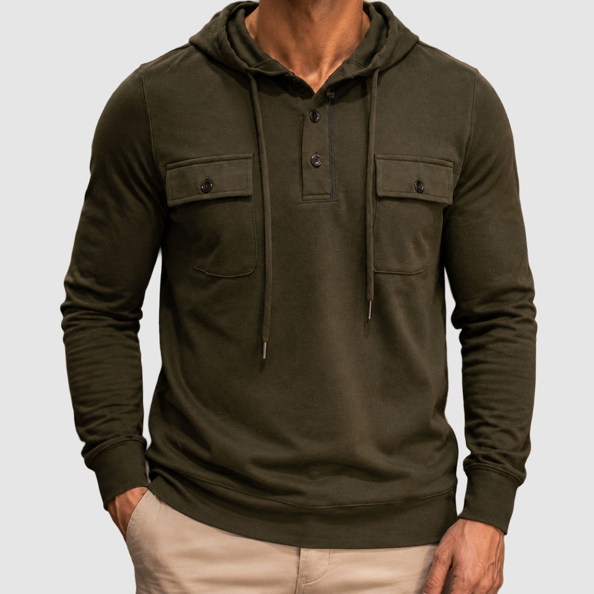 Patrick - Men's Button-Placket Hoodie with Flap Pockets