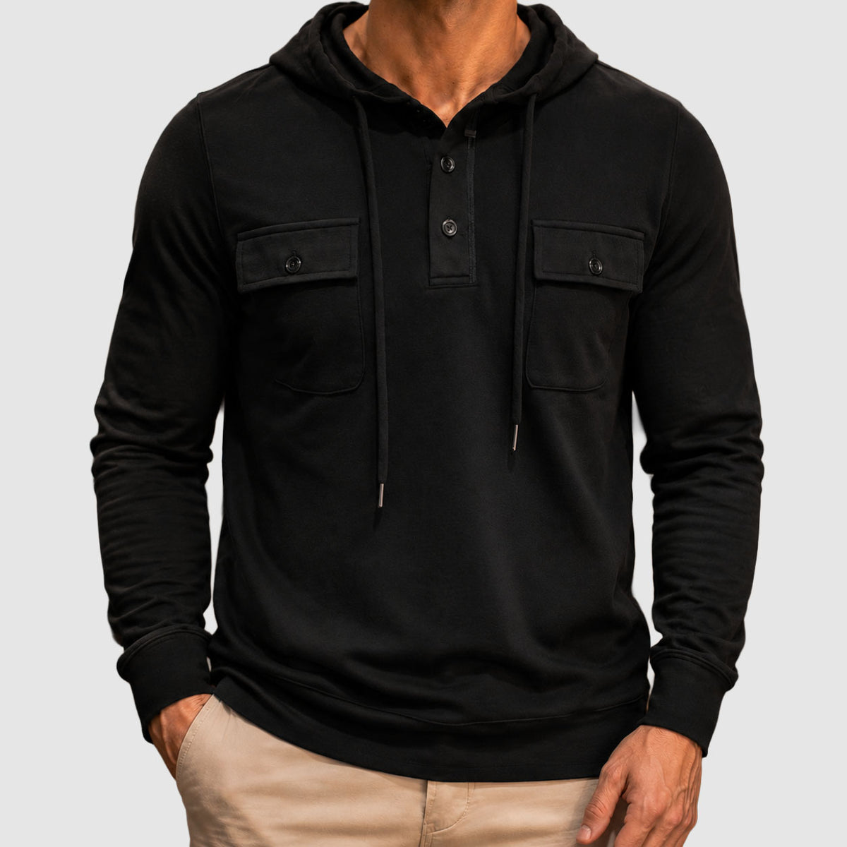 Patrick - Men's Button-Placket Hoodie with Flap Pockets