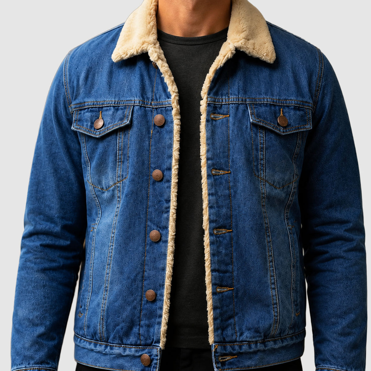 Rowan - Men's Faux-Sherpa Collar Button-Front Denim Jacket
