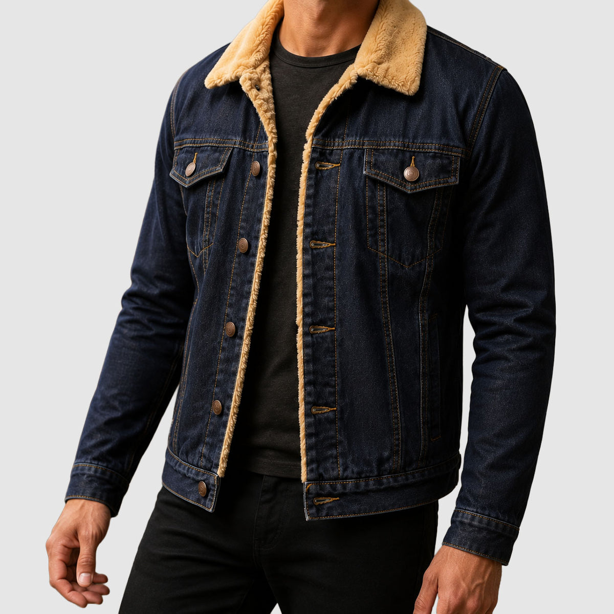 Rowan - Men's Faux-Sherpa Collar Button-Front Denim Jacket