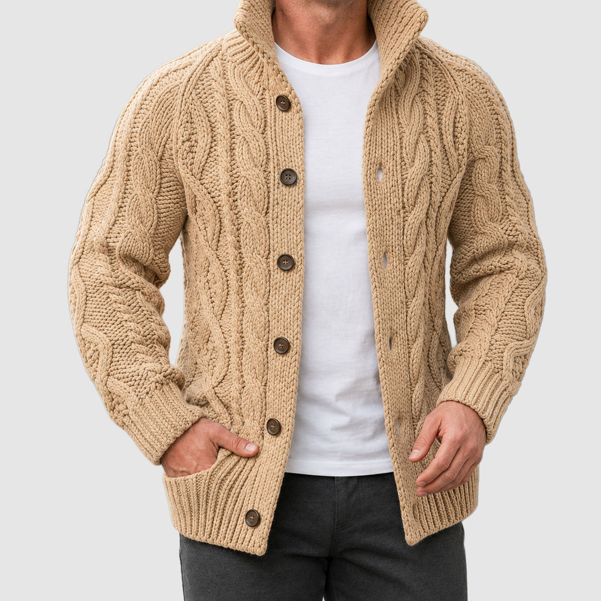 Royce - Men's Button-Front Shawl-Collar Cable Cardigan