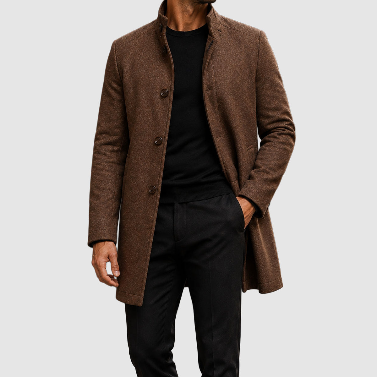 Abel - Men's Button-Front Wool-Blend Overcoat with Stand Collar