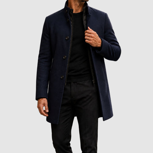 Abel - Men's Button-Front Wool-Blend Overcoat with Stand Collar