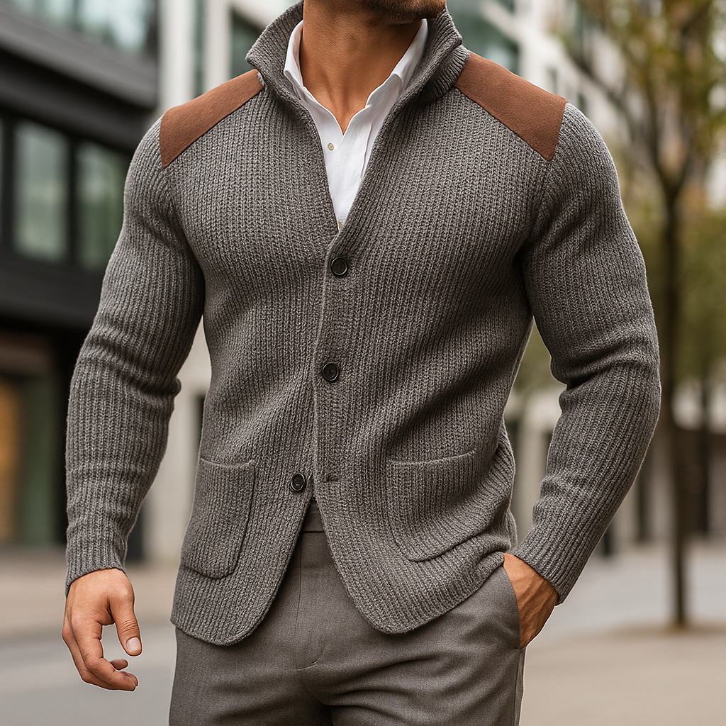 Alaric - Men's Ribbed Cardigan with Suede-Trim Shoulders
