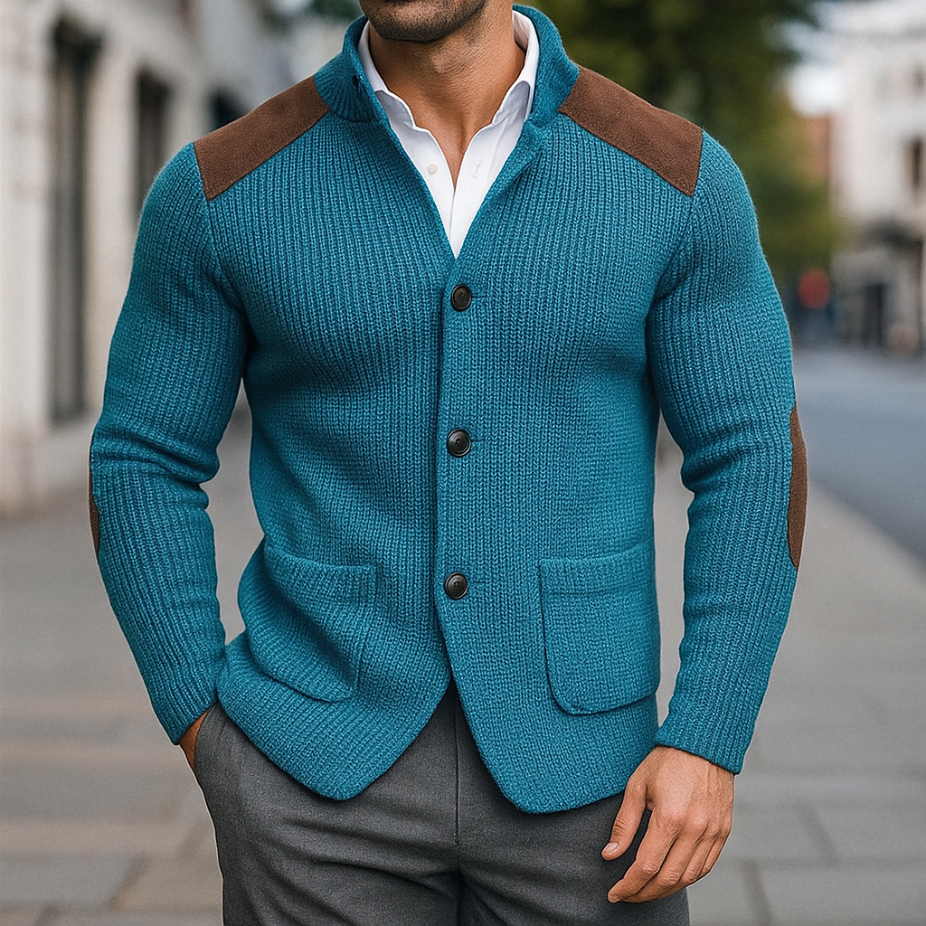 Alaric - Men's Ribbed Cardigan with Suede-Trim Shoulders