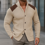 Alaric - Men's Ribbed Cardigan with Suede-Trim Shoulders