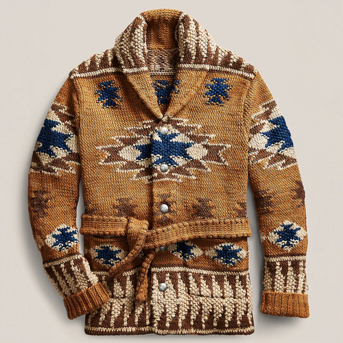 Alfredo - Men's Patterned Wool Cardigan with Shawl Collar