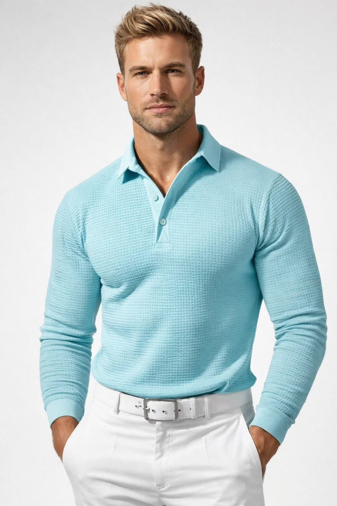 Alvaro - Men's Long Sleeve Textured Knit Polo Shirt