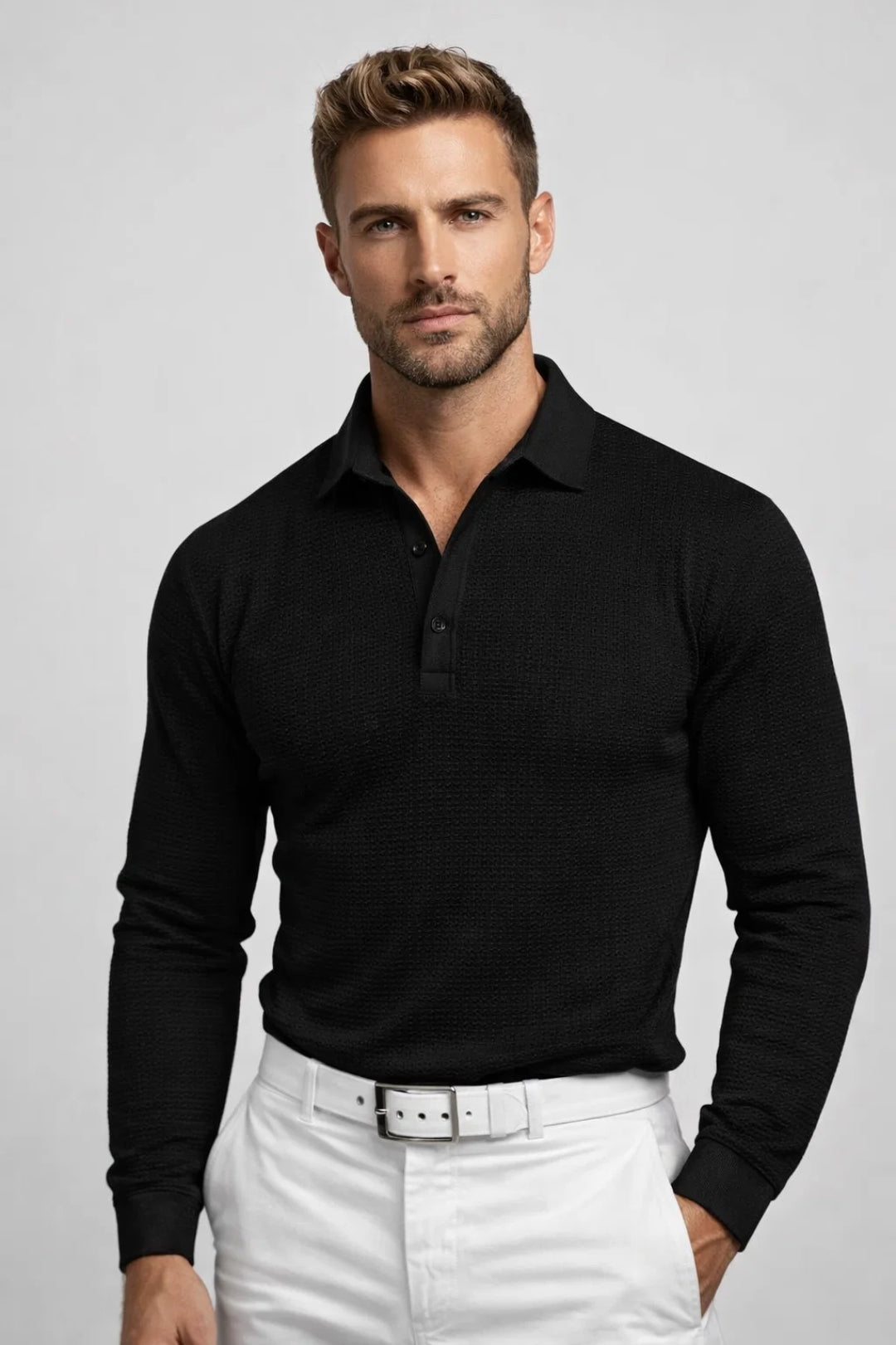 Alvaro - Men's Long Sleeve Textured Knit Polo Shirt