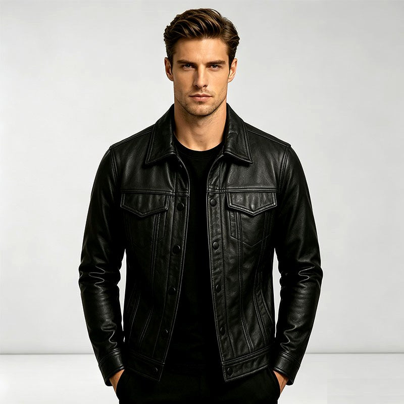 Blake - Men's Leather Button-Front Trucker Jacket 1