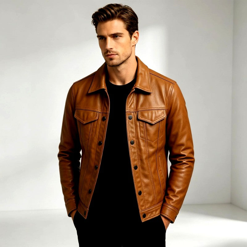 Blake - Men's Leather Button-Front Trucker Jacket 2