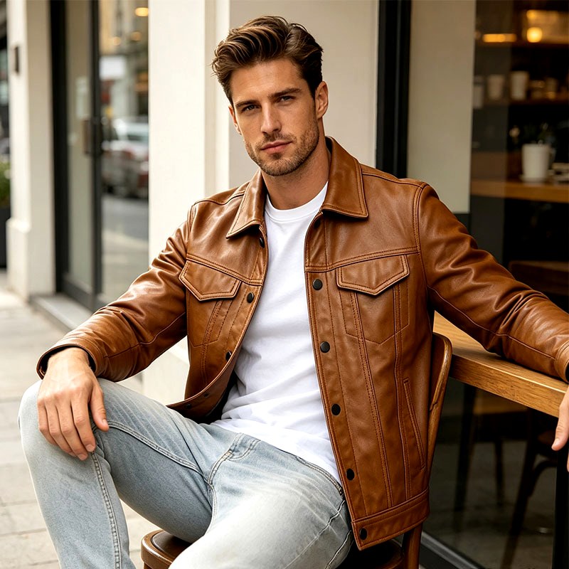 Blake - Men's Leather Button-Front Trucker Jacket 3