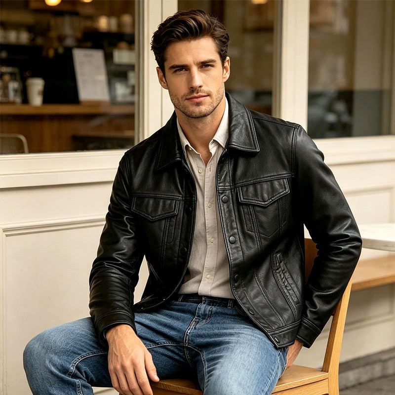Blake - Men's Leather Button-Front Trucker Jacket 4