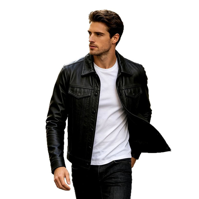 Blake - Men's Leather Button-Front Trucker Jacket 5