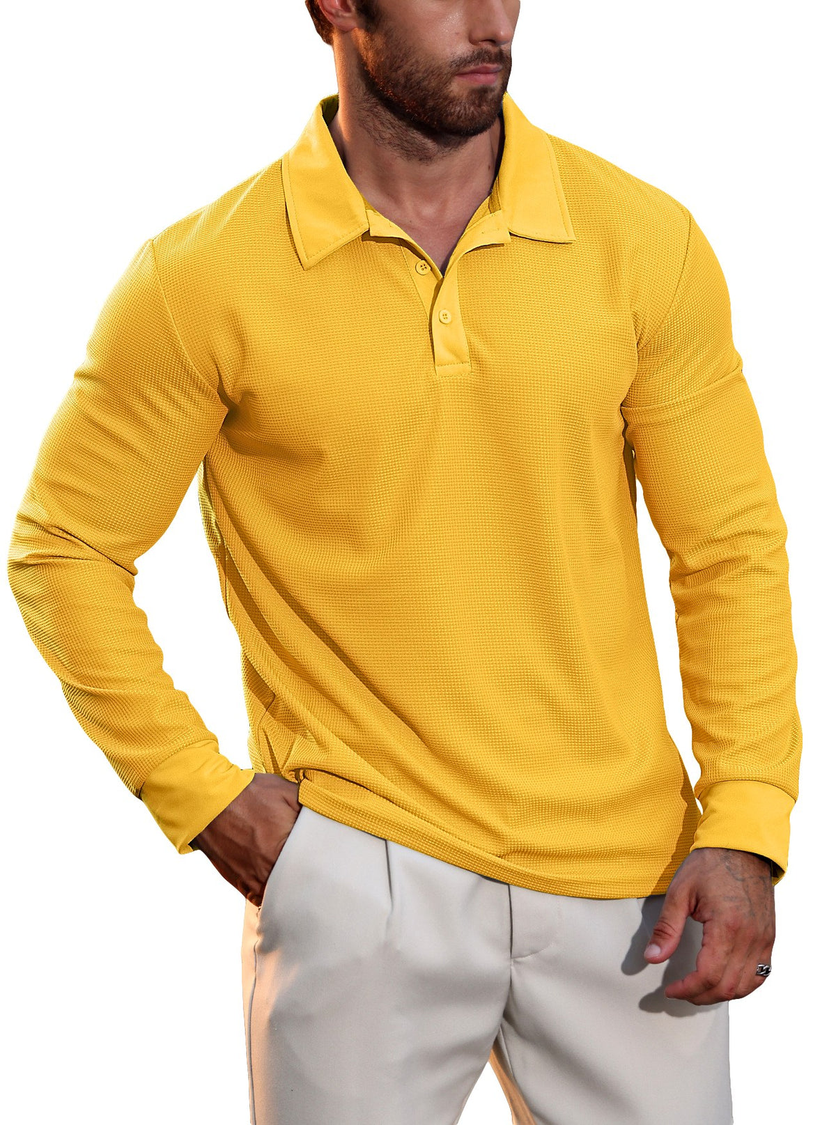Brandon - Men's Waffle Knit Long-Sleeve Polo Shirt 3