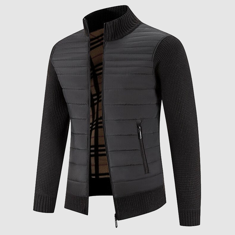 Calum - Men's Quilted Puffer Cardigan with Knit Ribbed Sleeves