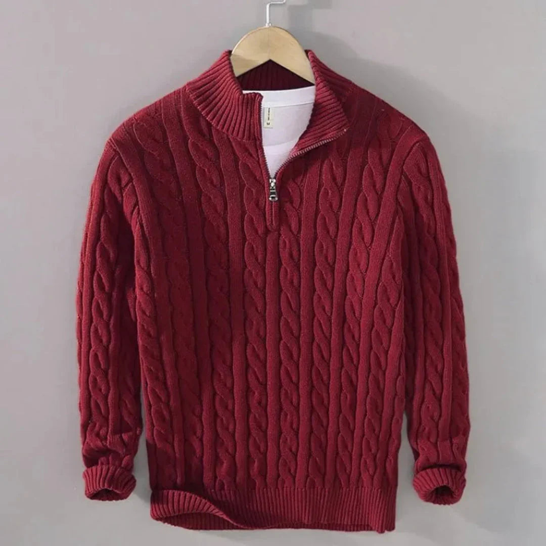 Drake - Men's Cable Knit Zip-Neck Pullover with Ribbed Cuffs