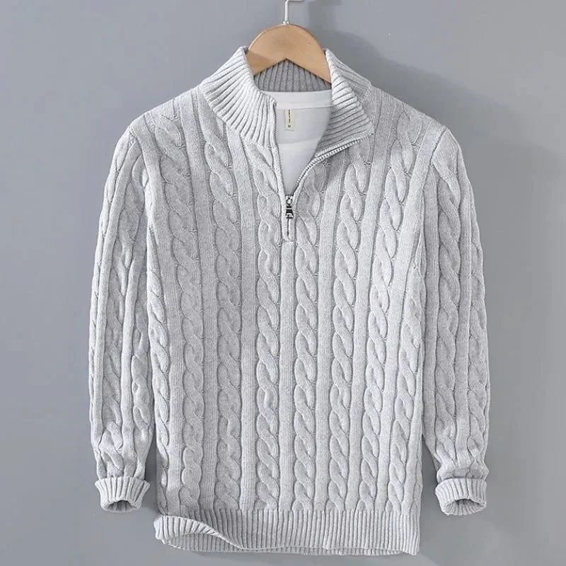 Drake - Men's Cable Knit Zip-Neck Pullover with Ribbed Cuffs