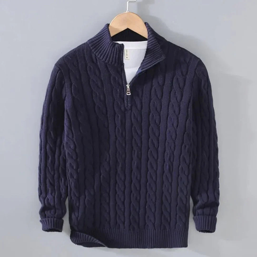 Drake - Men's Cable Knit Zip-Neck Pullover with Ribbed Cuffs