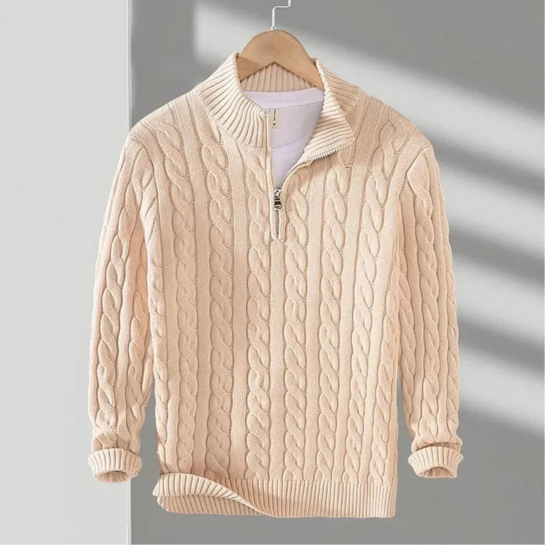Drake - Men's Cable Knit Zip-Neck Pullover with Ribbed Cuffs