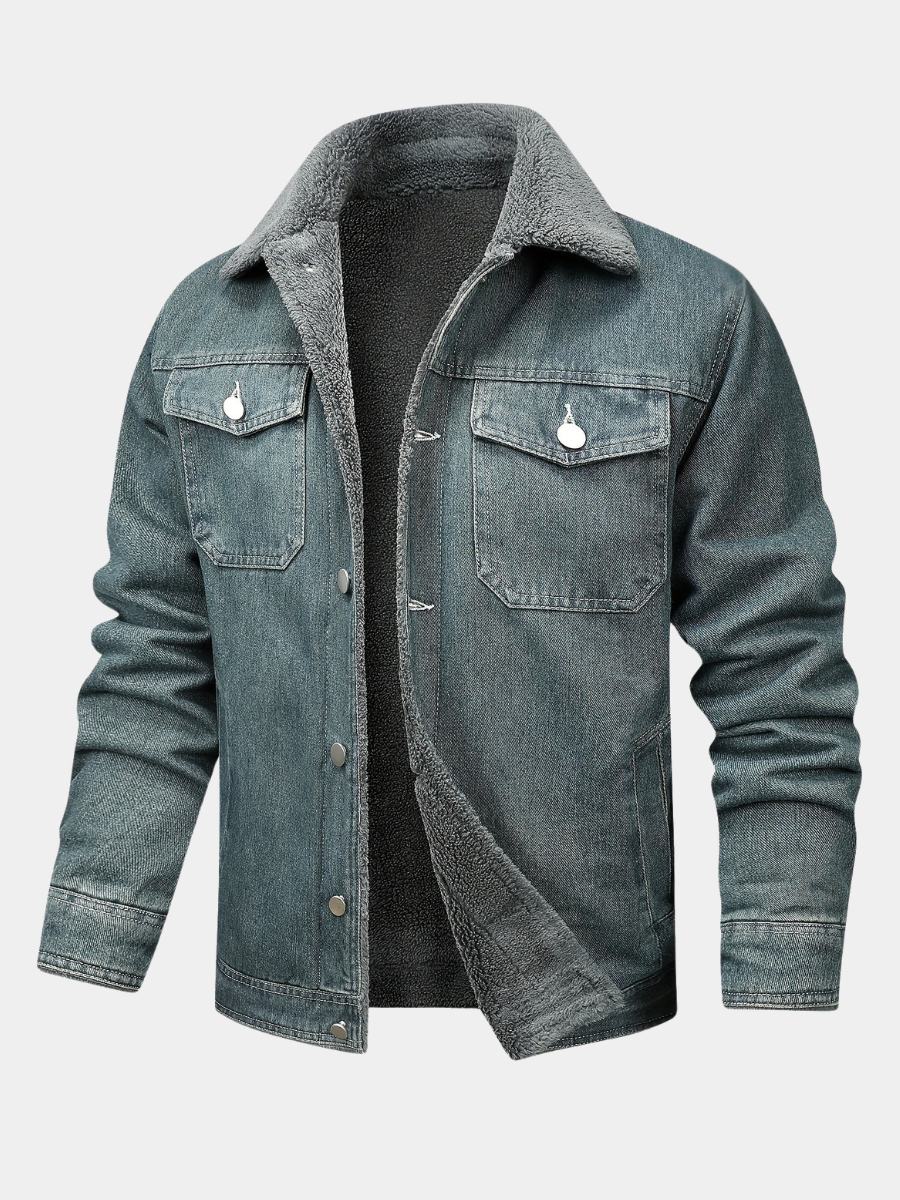 Everett - Men's Button-Front Denim Jacket with Sherpa Collar Lining