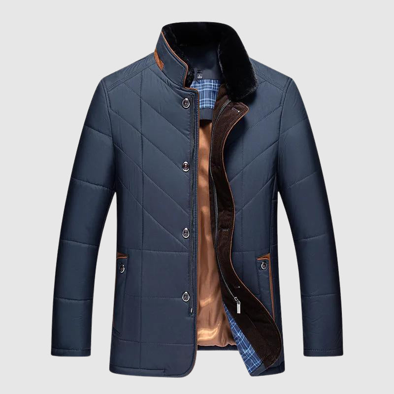 Harrison - Men's Button-Front Quilted Down Jacket with Faux-Fur Collar