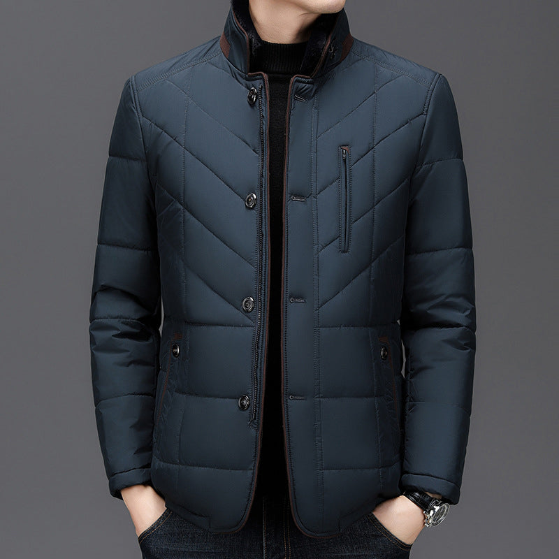 Harrison - Men's Button-Front Quilted Down Jacket with Faux-Fur Collar