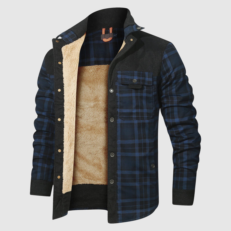 Jeremiah - Men's Plaid Jacket with Corduroy Shoulder Panels and Sherpa Lining