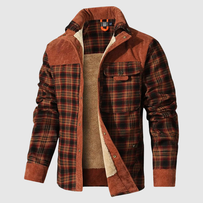 Jeremiah - Men's Plaid Jacket with Corduroy Shoulder Panels and Sherpa Lining