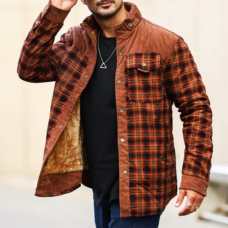 Jeremiah - Men's Plaid Jacket with Corduroy Shoulder Panels and Sherpa Lining