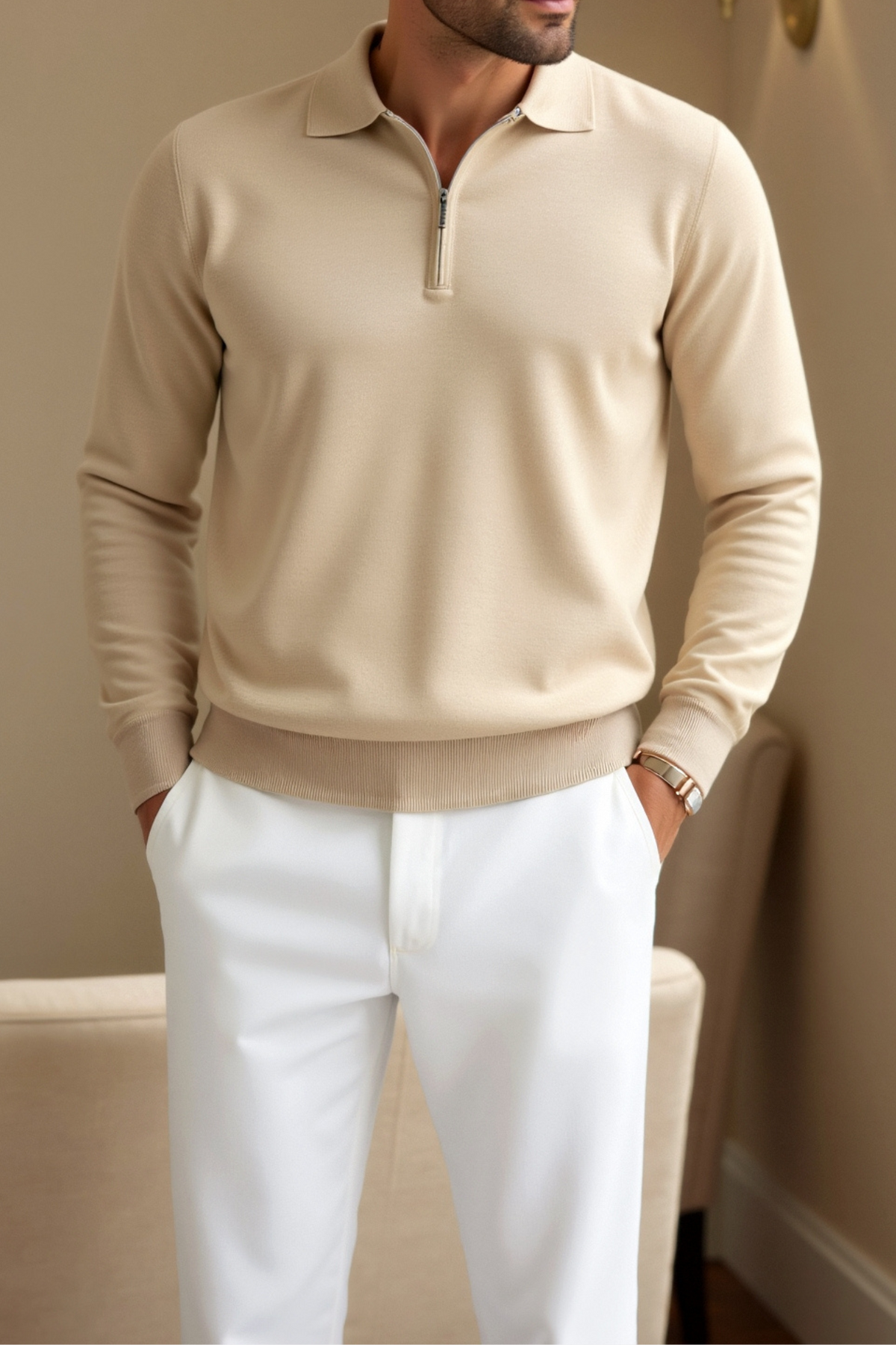 Landon - Men's Half-Zip Long-Sleeve Polo with Notch Collar