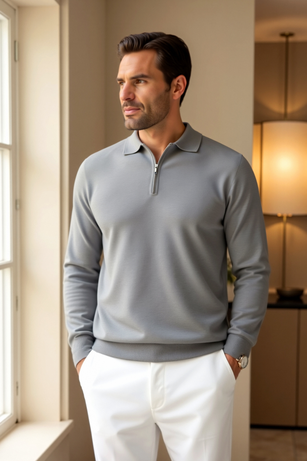 Landon - Men's Half-Zip Long-Sleeve Polo with Notch Collar