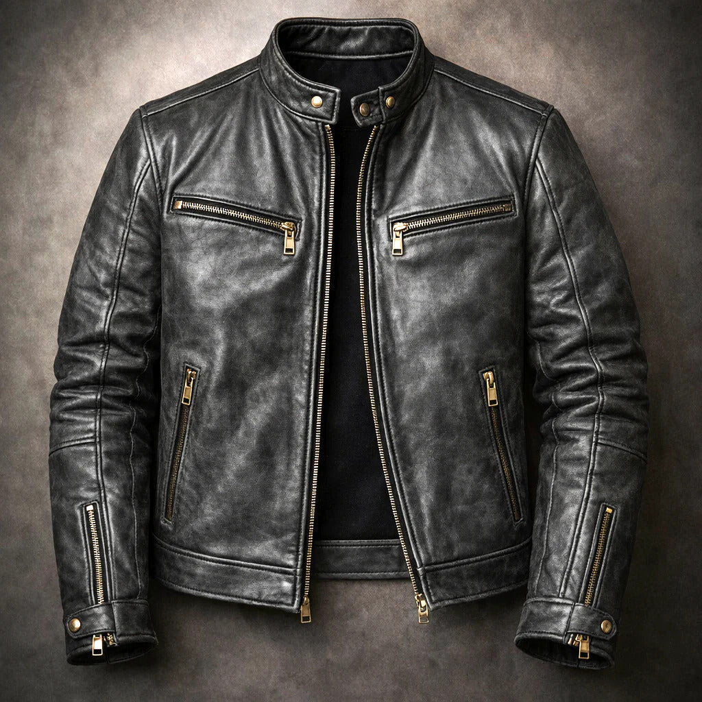 Lennox - Men's Vintage Leather Moto Jacket with Gold Hardware