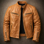 Lennox - Men's Vintage Leather Moto Jacket with Gold Hardware
